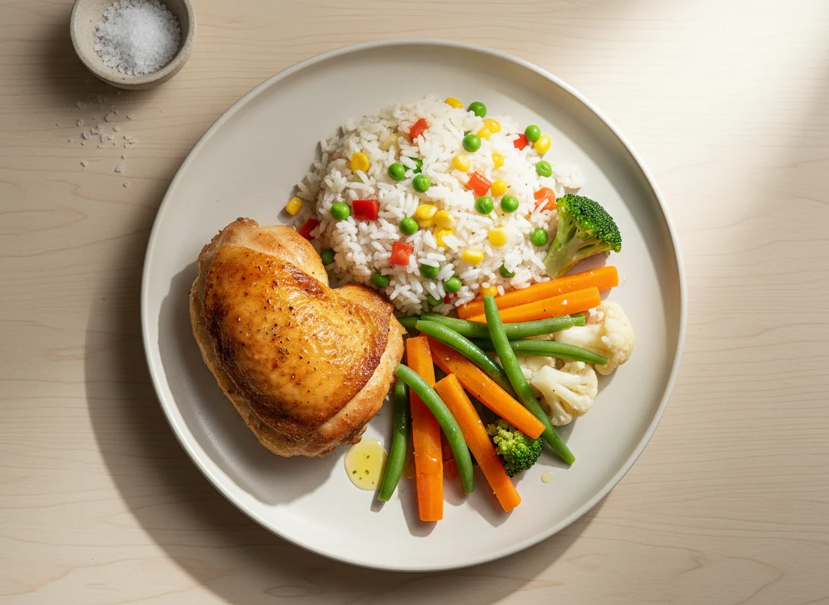 Chicken with Vegetable Rice and Steamed Vegetables photo