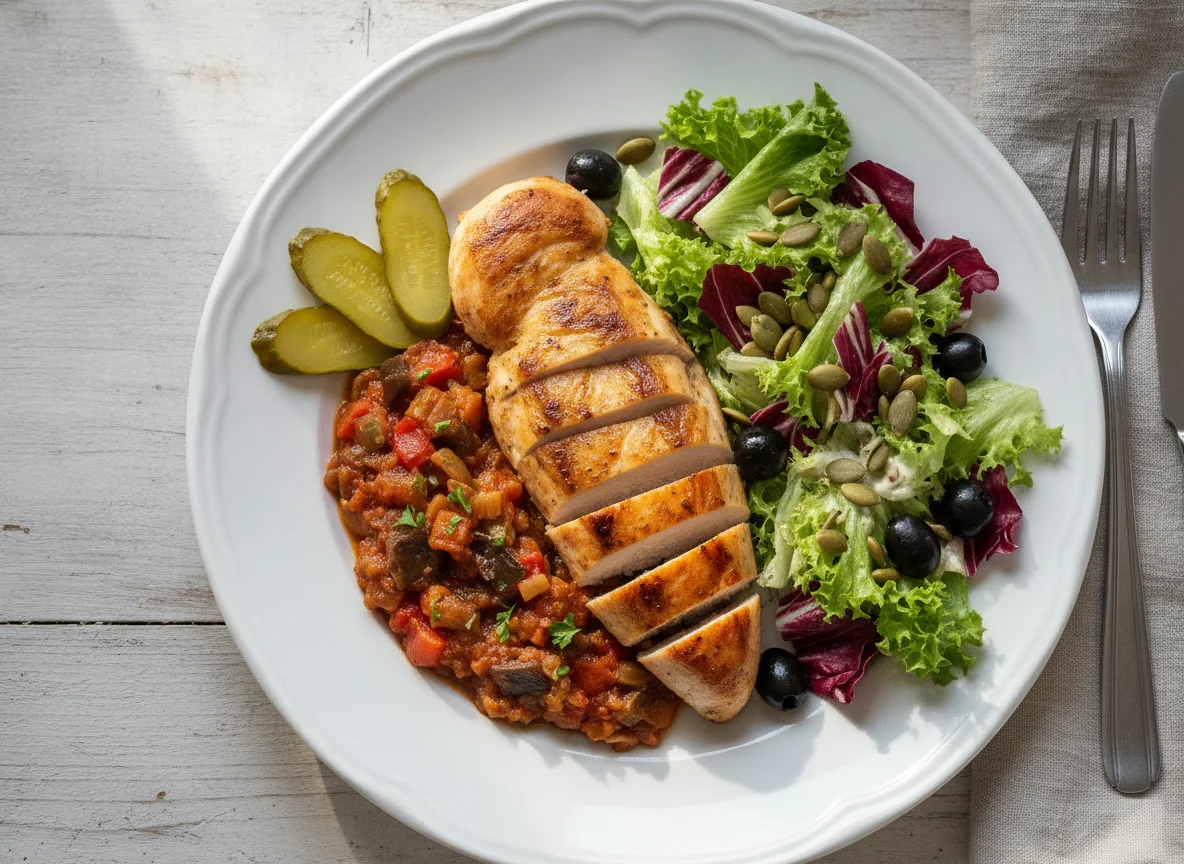 Chicken with Vegetable Stew, Pickles and Mixed Green Salad photo