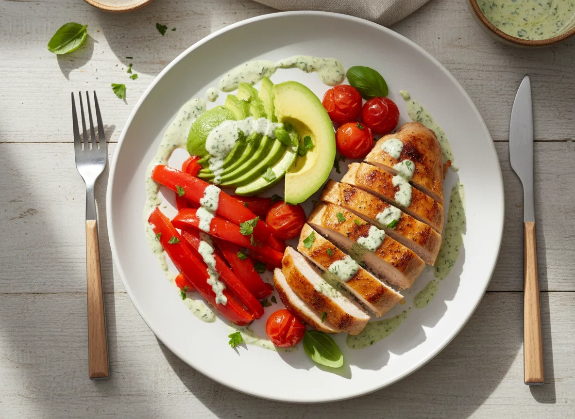 Chicken with vegetables and dressing photo