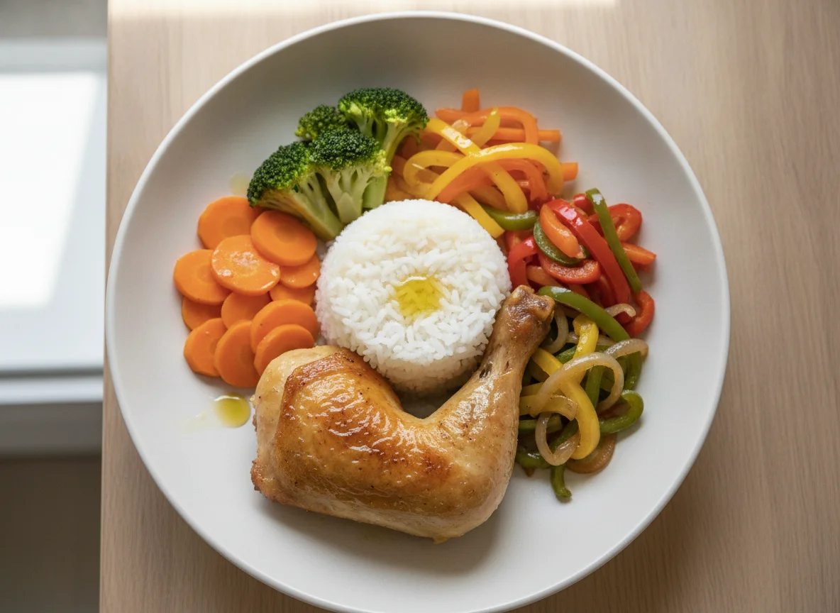 Chicken with white rice and steamed vegetables photo