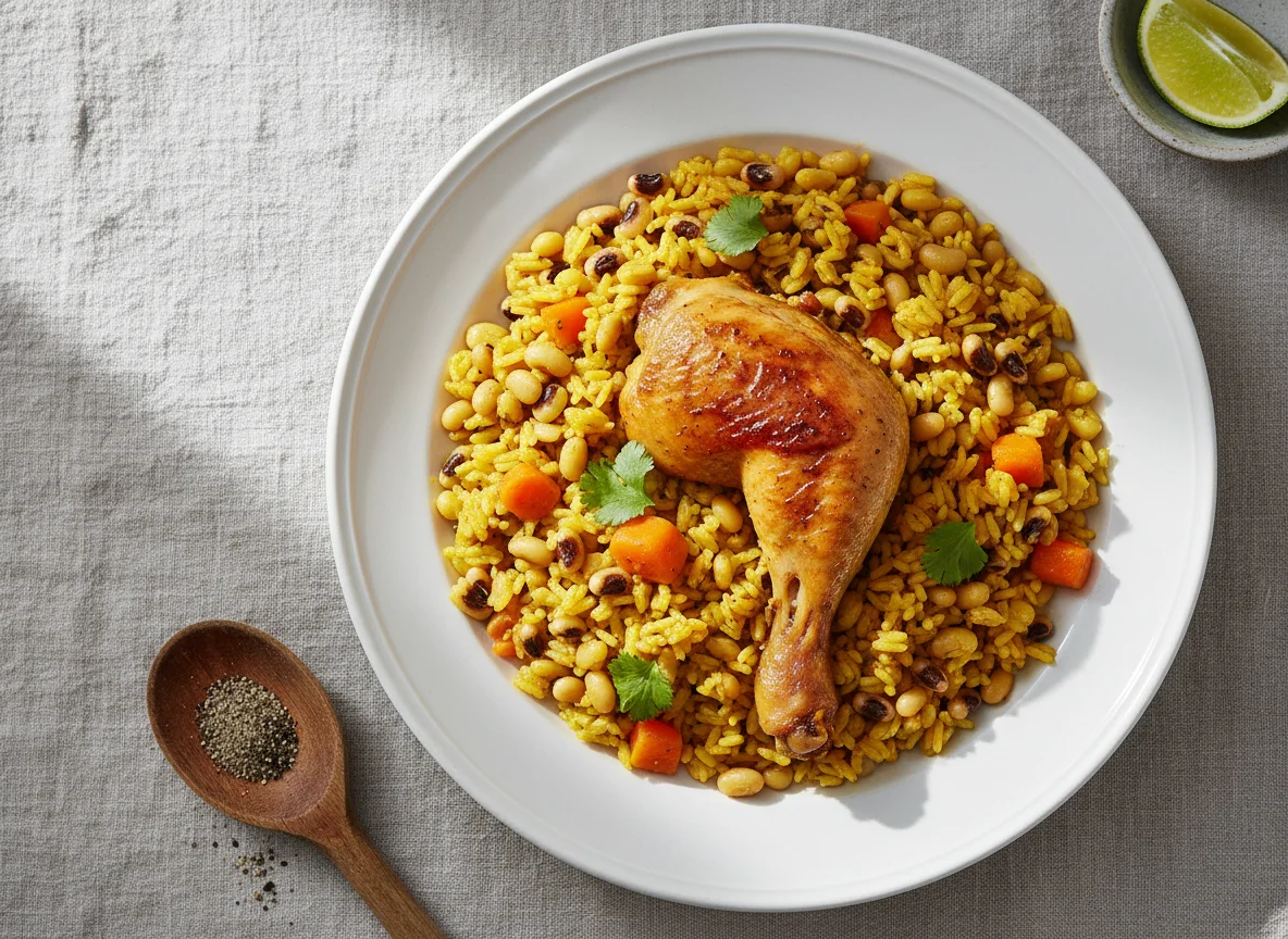 Chicken with Yellow Rice and Black-eyed Peas photo