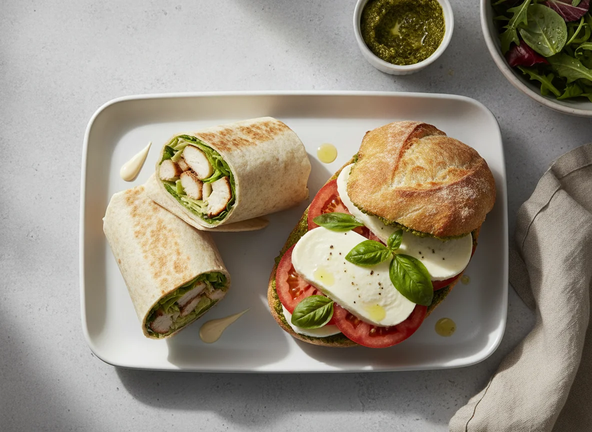 Chicken Wrap and Caprese Sandwich photo