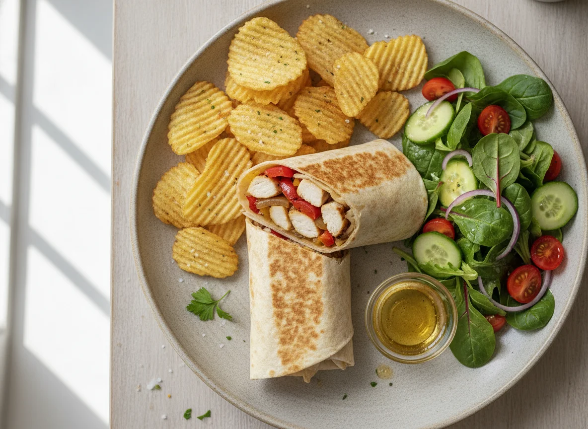 Chicken Wrap with Chips and Side Salad photo
