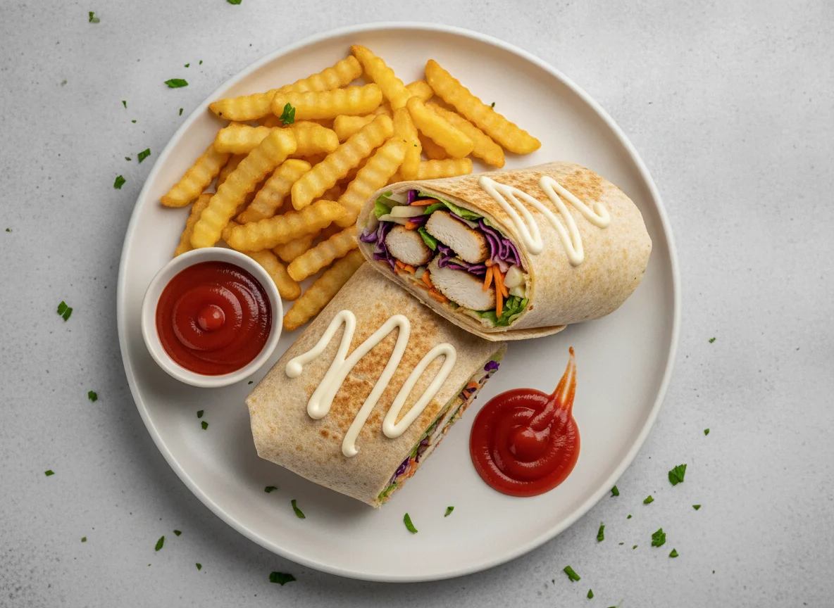Chicken Wrap with French Fries and Ketchup photo