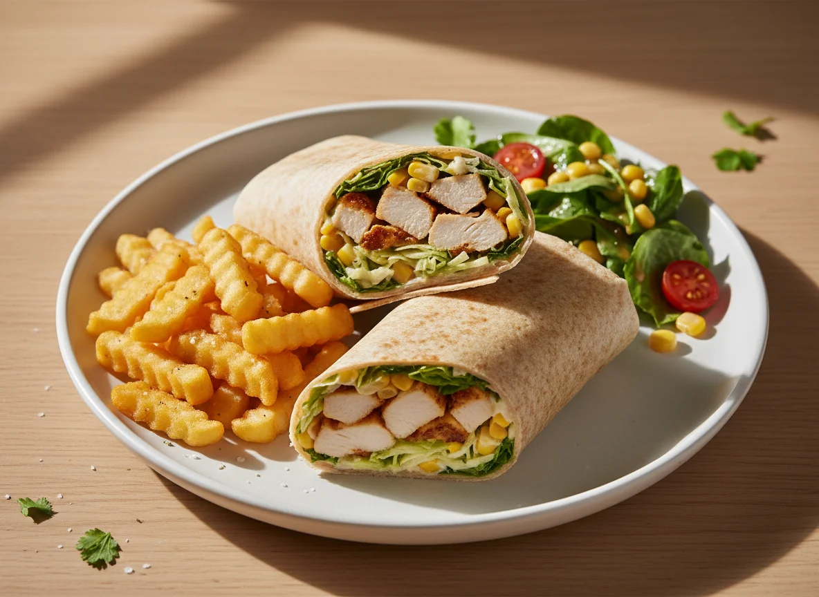 Chicken Wrap with Fries and Salad photo
