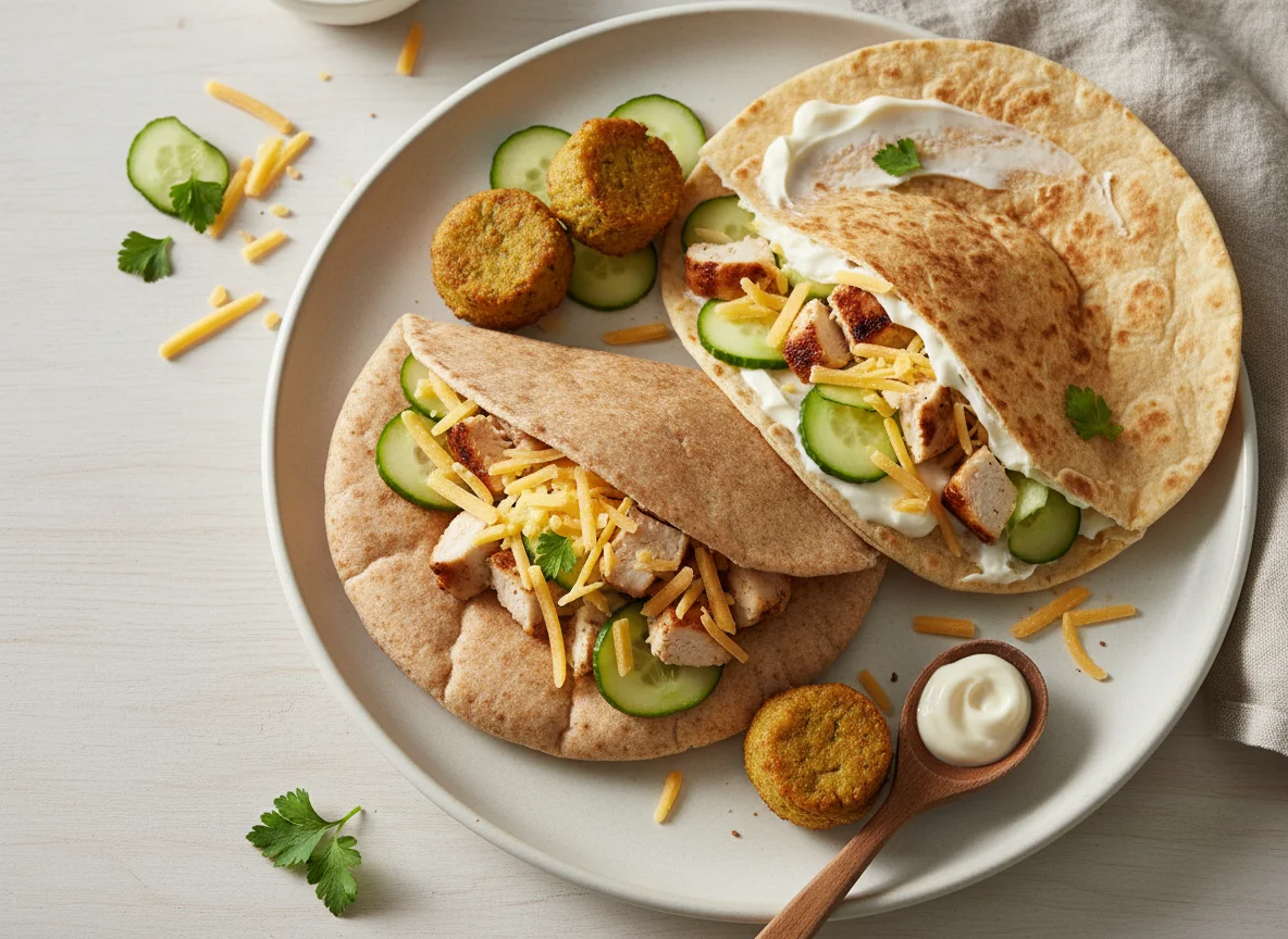Chicken wrap with pita bread, cheese and cucumber photo