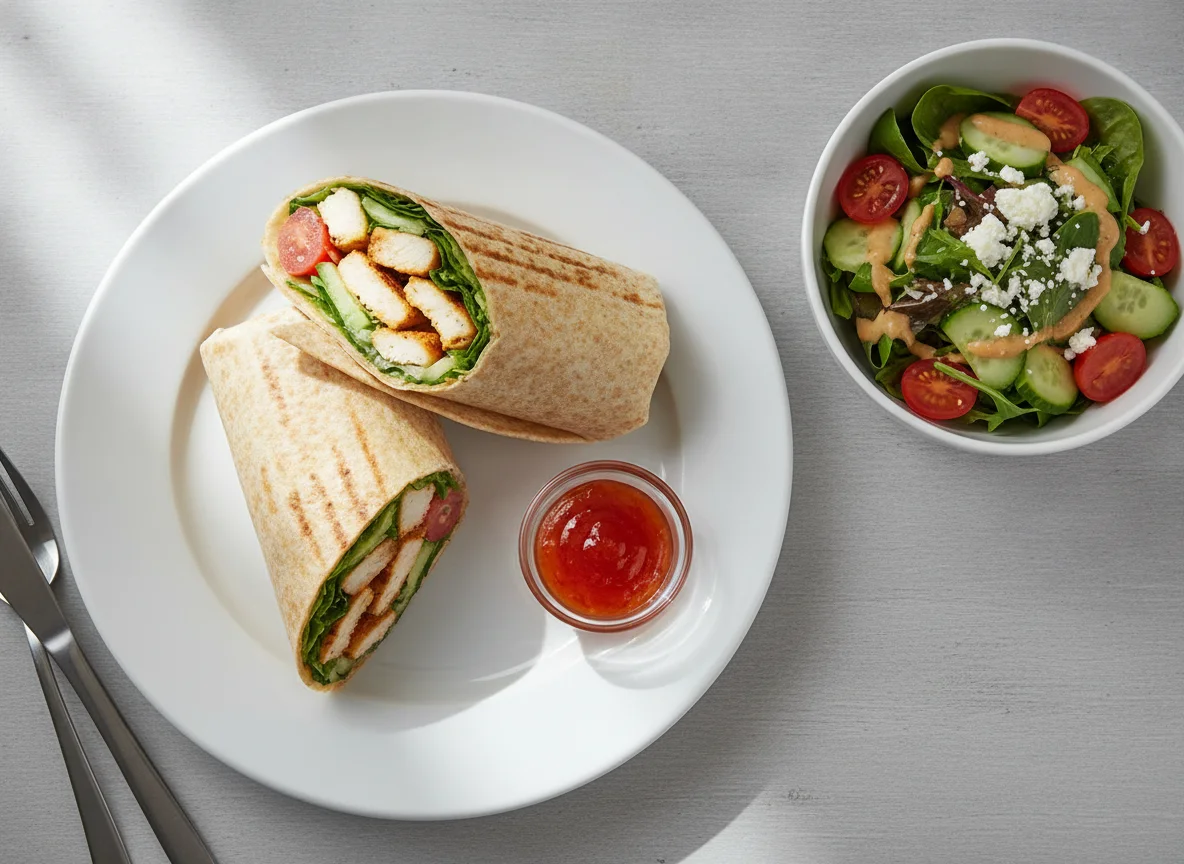 Chicken Wrap with Side Salad and Sauce photo