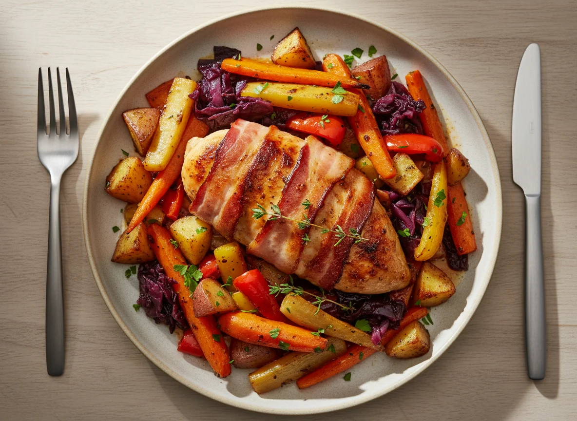 Chicken wrapped in bacon with roasted vegetables and braised cabbage photo