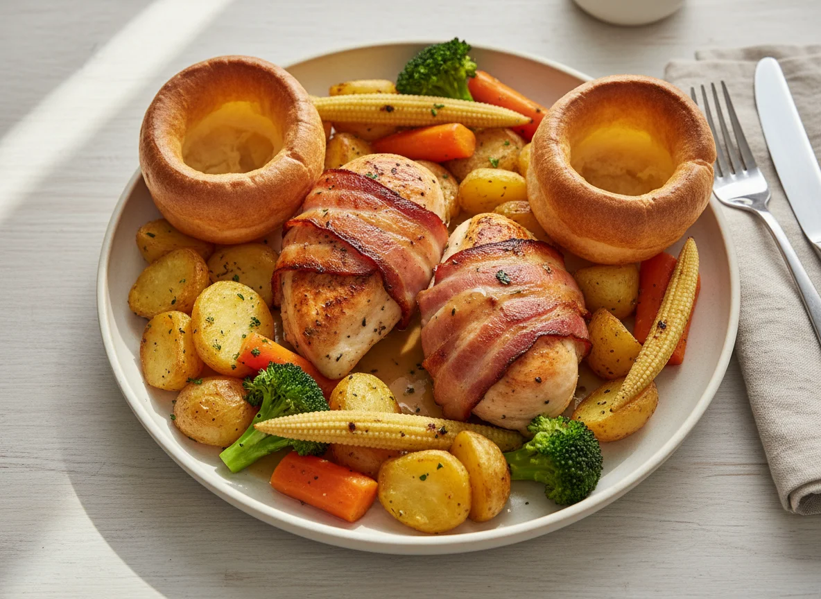 Chicken wrapped in bacon with roasted vegetables and Yorkshire pudding photo