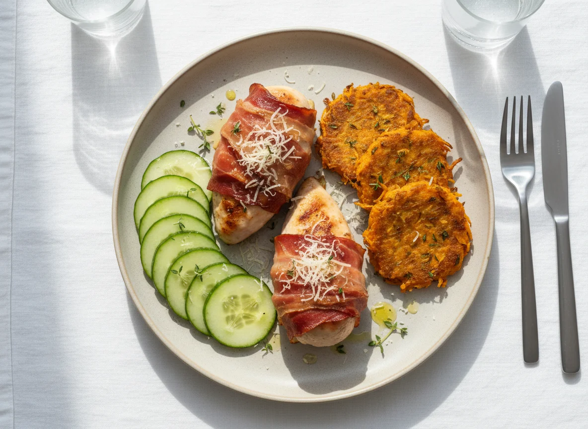 Chicken wrapped in prosciutto with sweet potato fritters and cucumber photo