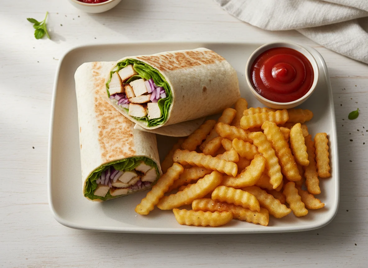 Chicken Wraps with French Fries and Ketchup photo
