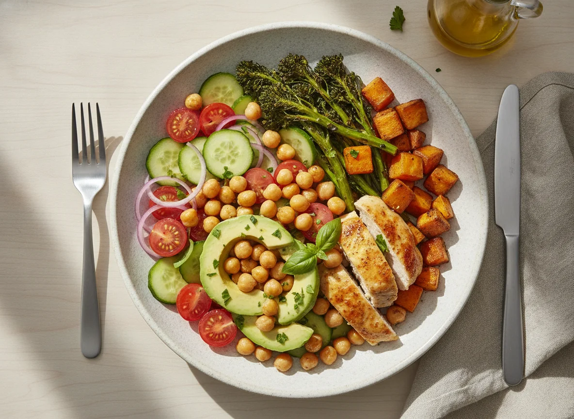 Chickpea and Avocado Salad with Roasted Chicken and Vegetables photo