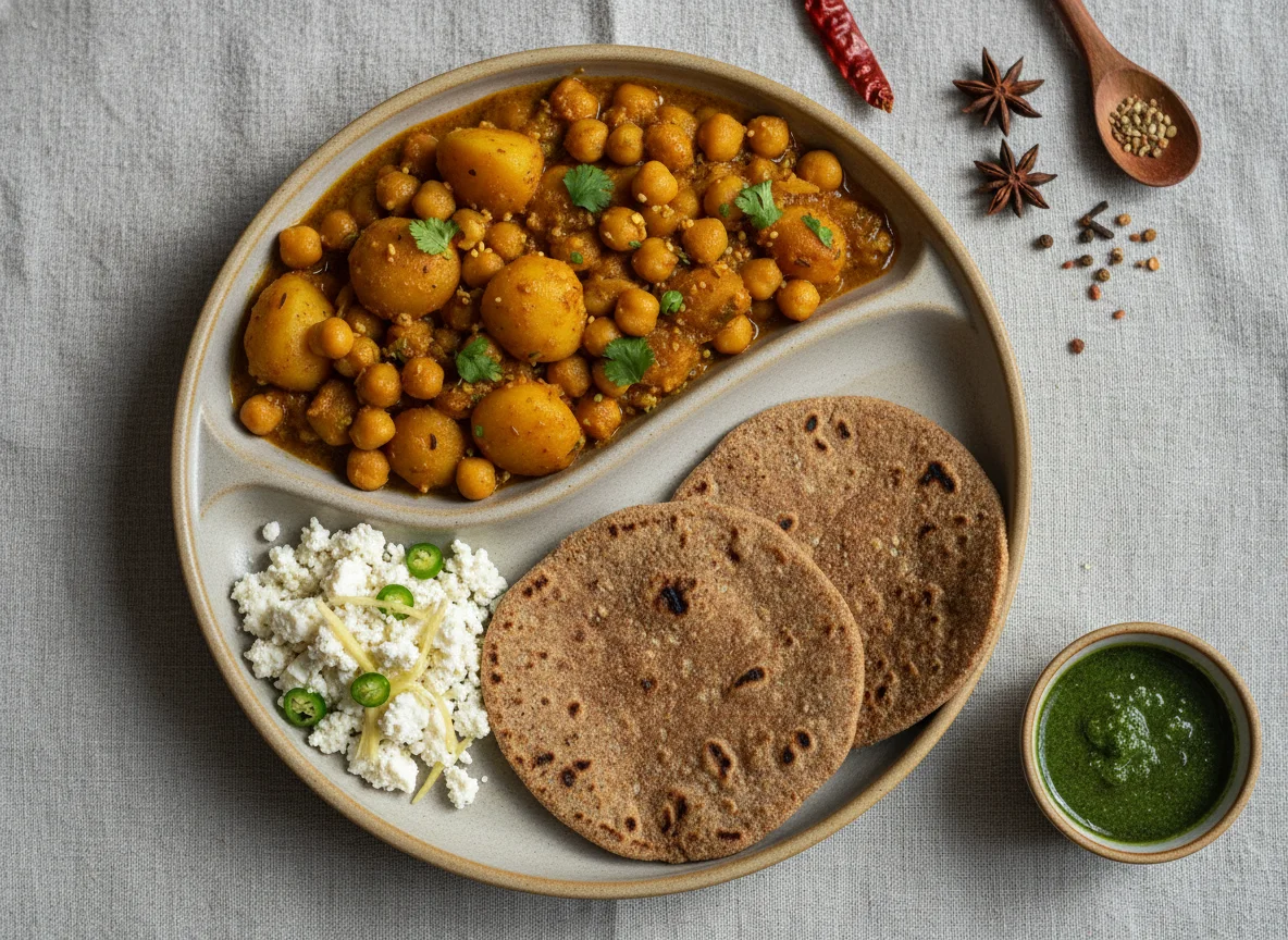 Chickpea and Potato Curry with Flatbread and Cottage Cheese photo