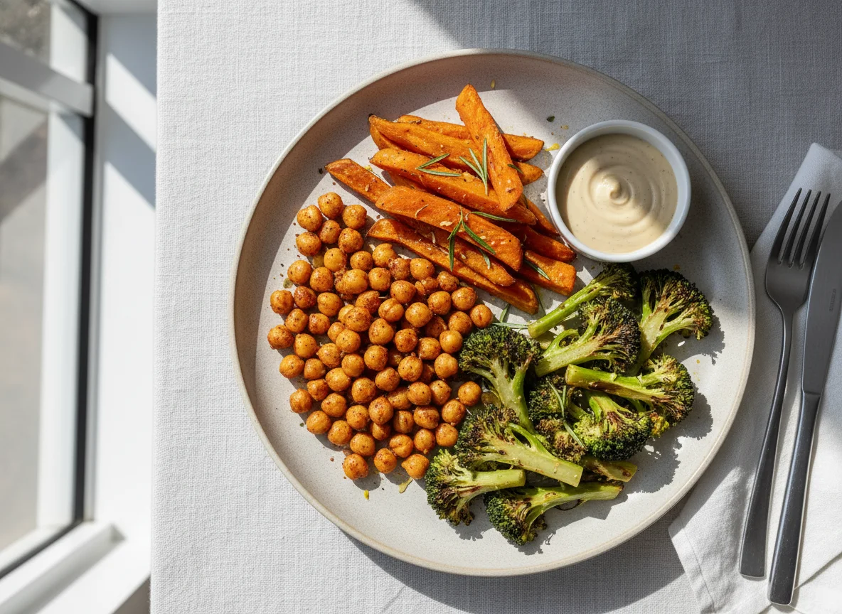 Chickpea, Broccoli and Sweet Potato Fries Meal photo