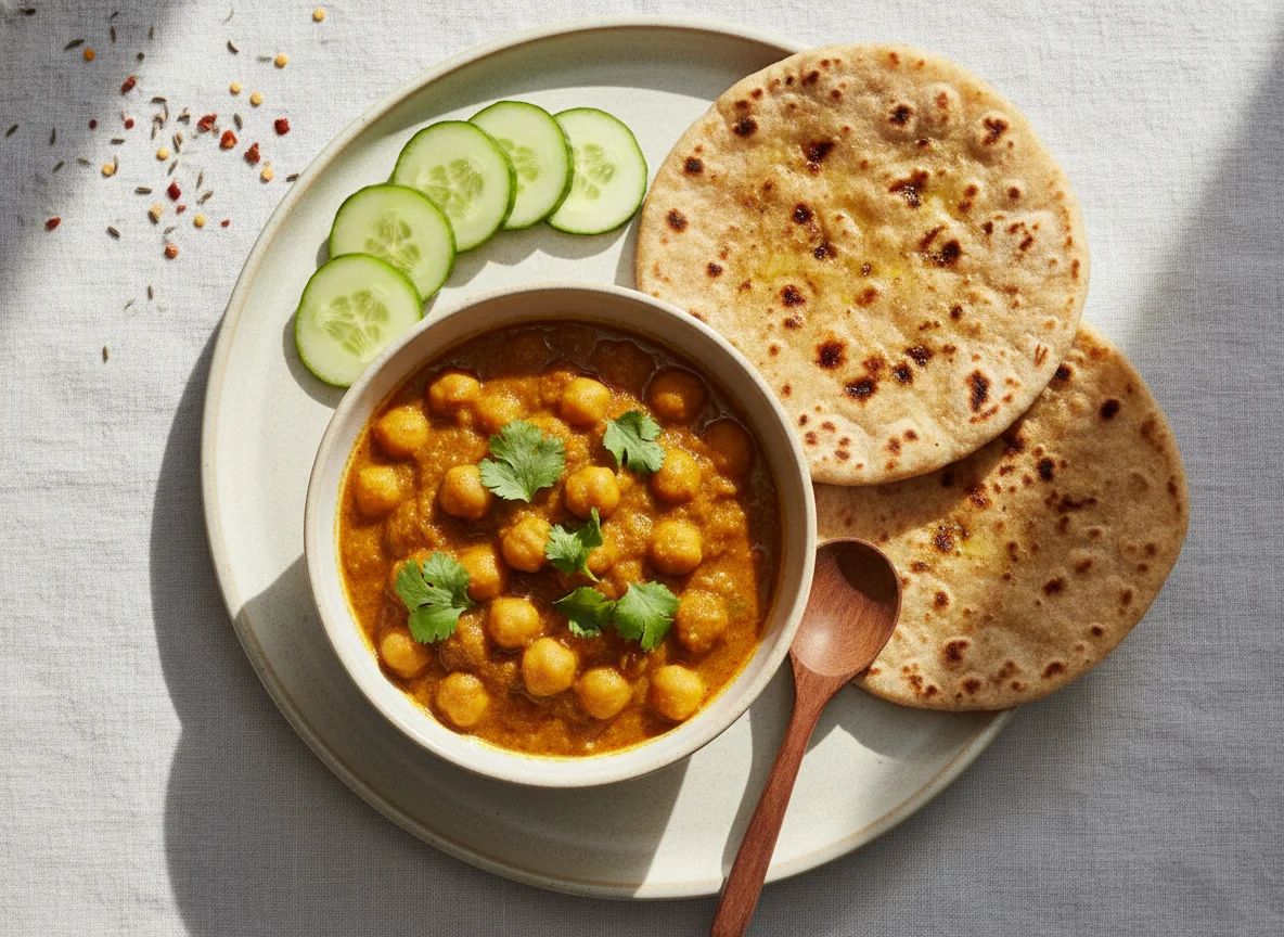 Chickpea Curry with Roti and Cucumber photo