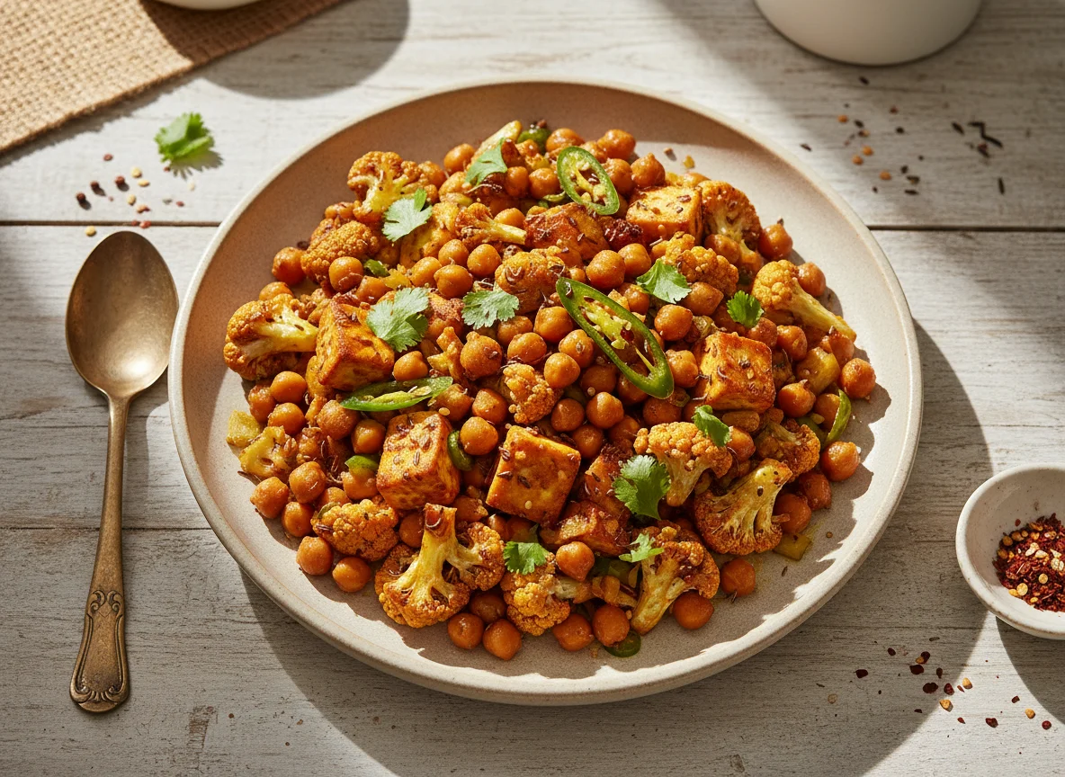 Chickpea, Paneer, and Roasted Cauliflower Stir-fry photo