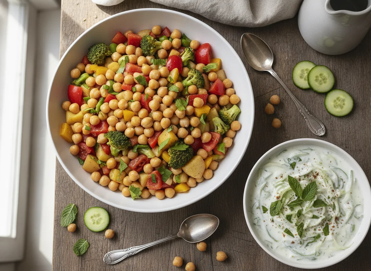 Chickpea Salad and Cucumber Raita photo