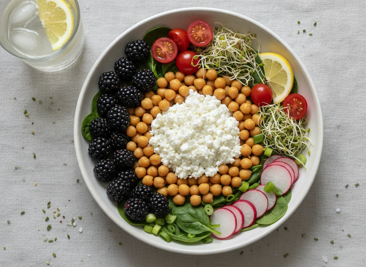 Chickpea Salad Bowl with Cottage Cheese and Berries photo