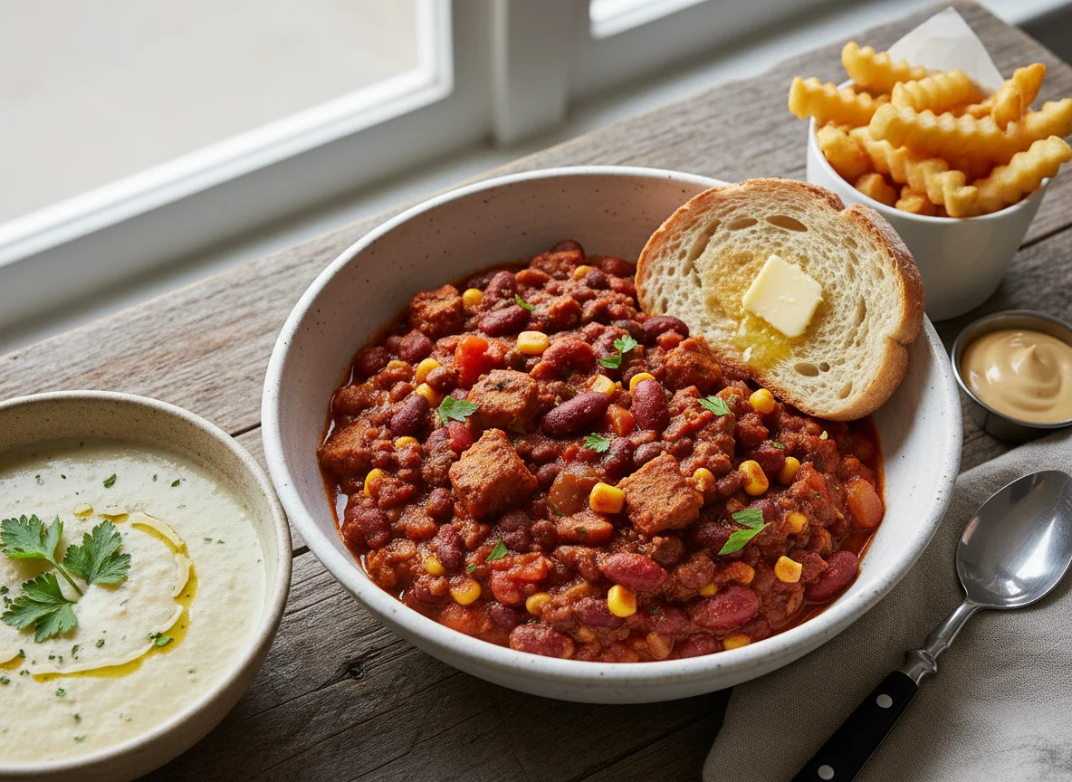 Chili con Carne style stew with sides photo