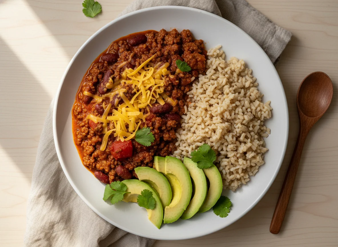 Chili con Carne with Brown Rice and Avocado photo
