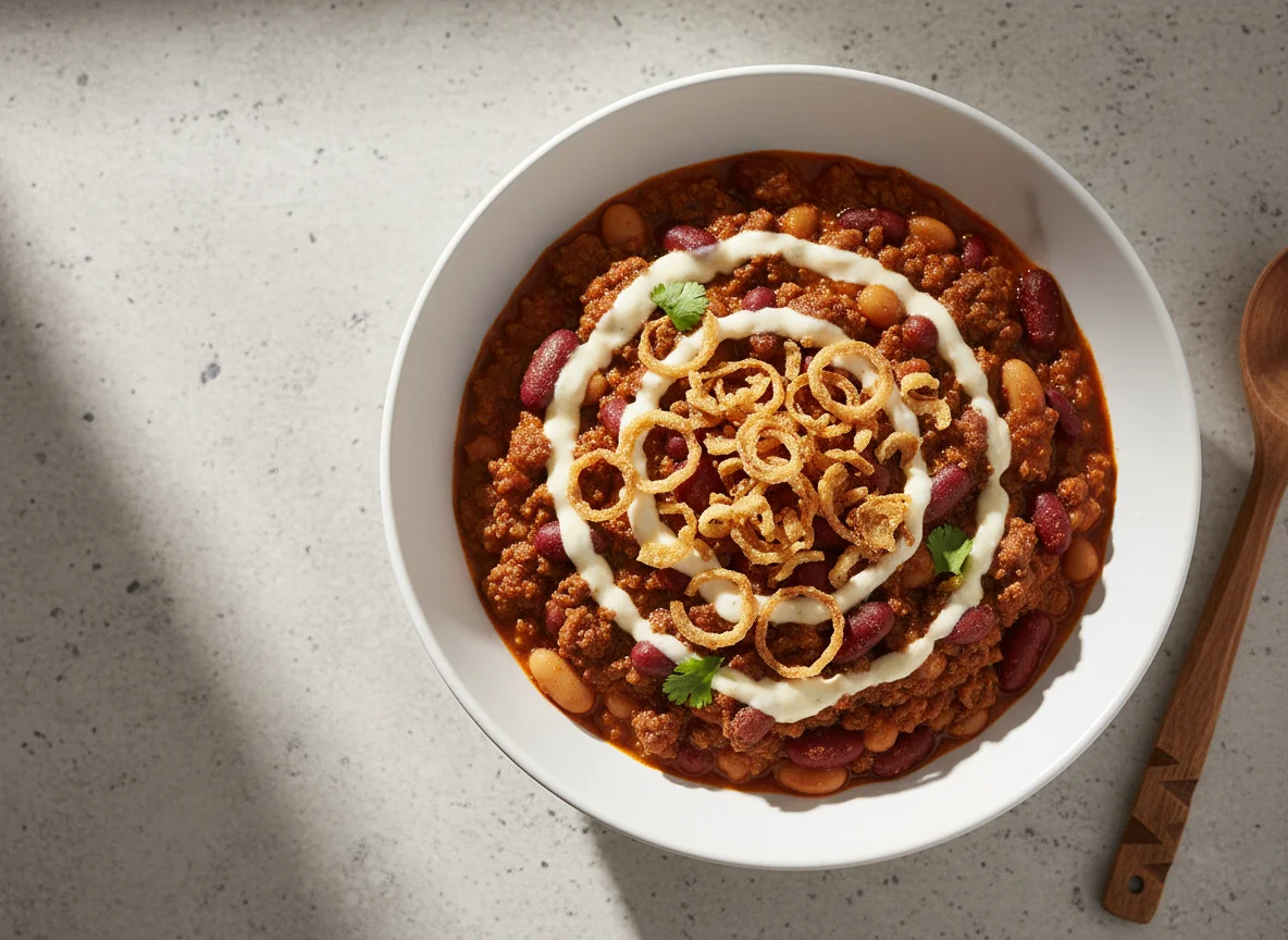 Chili con Carne with Fried Shallots and Sauce photo