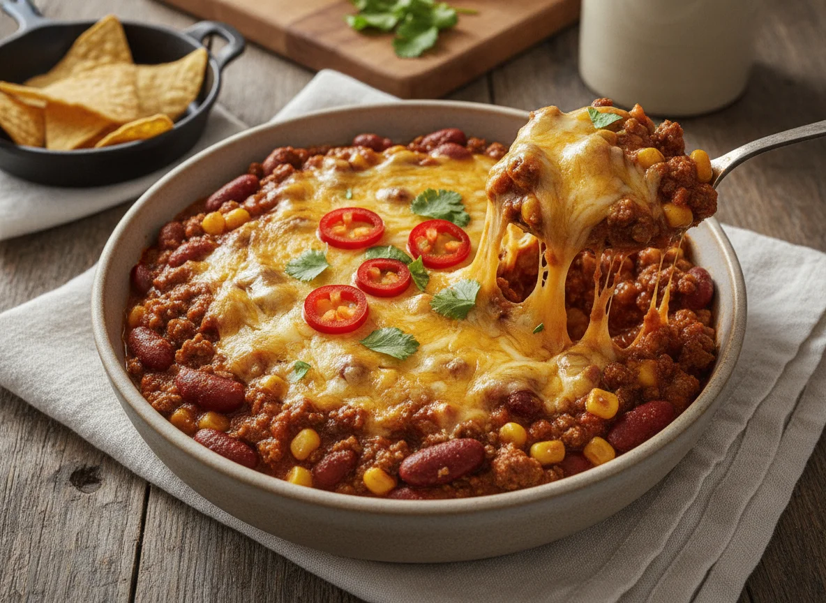 Chili con carne with melted cheese photo