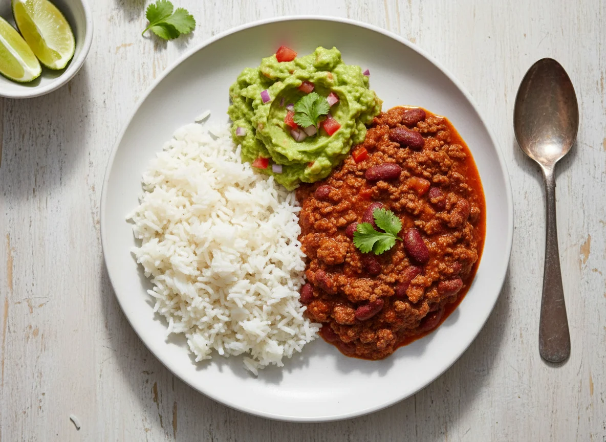 Chili con Carne with Rice and Guacamole photo