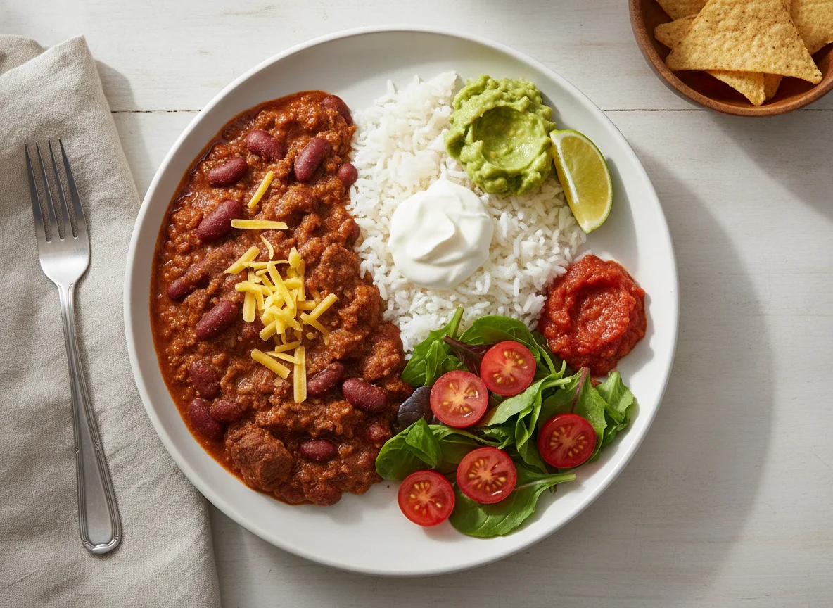 Chili con Carne with Rice and Side Salad photo