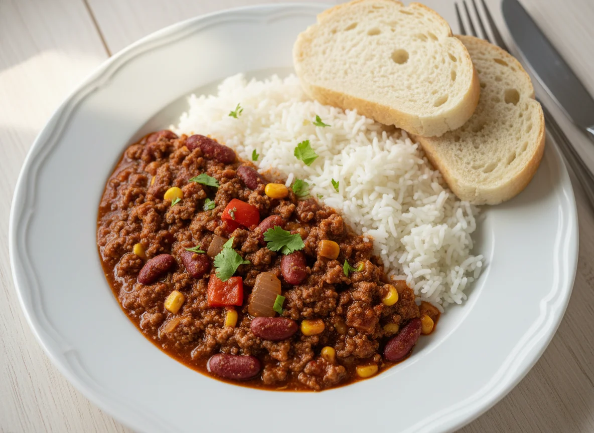 Chili con Carne with Rice and White Bread photo