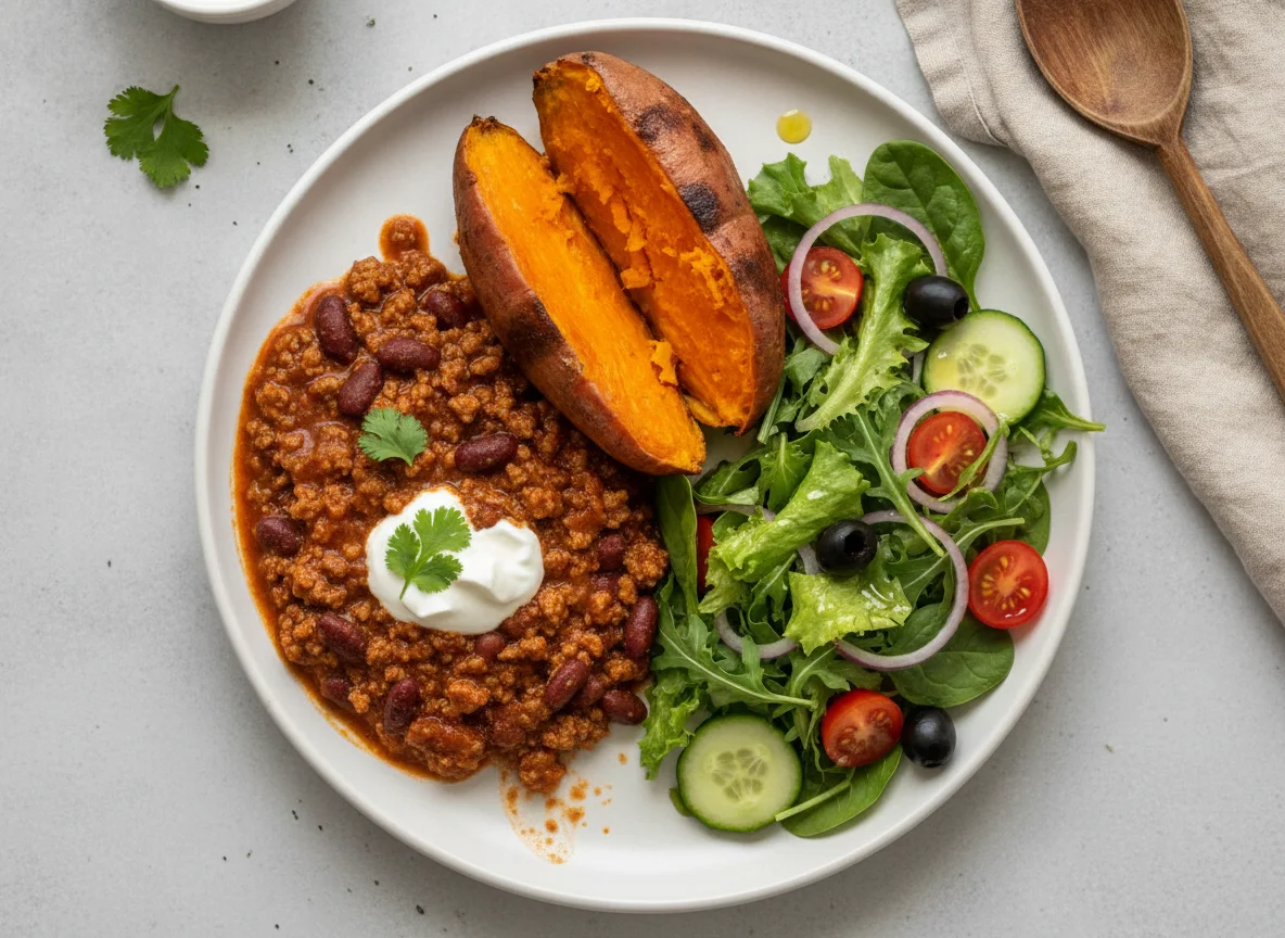 Chili con Carne with Sweet Potato and Side Salad photo