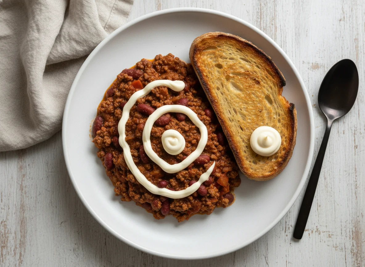 Chili with bread and mayonnaise photo