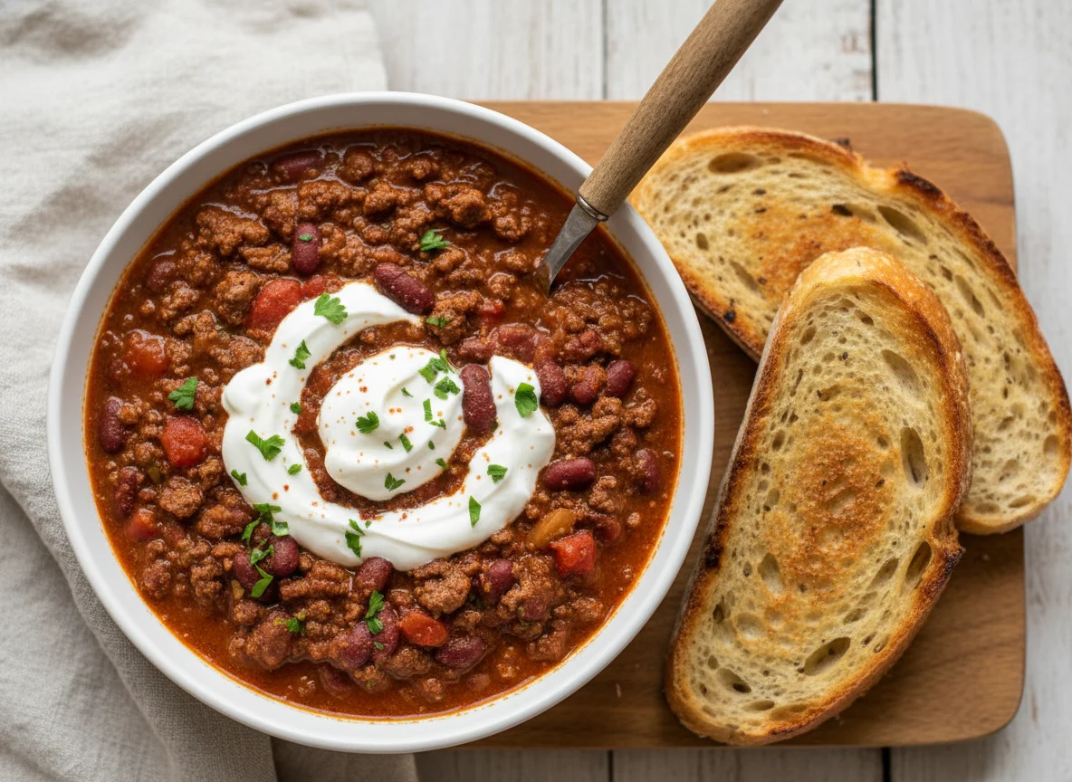 Chili with Bread and Sour Cream photo