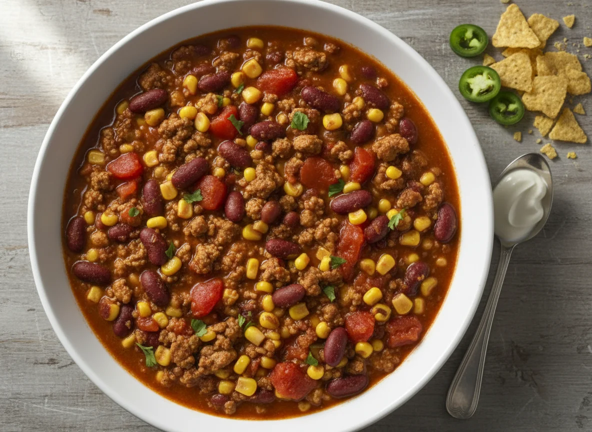 Chili with Ground Meat, Beans, Corn, and Tomatoes photo