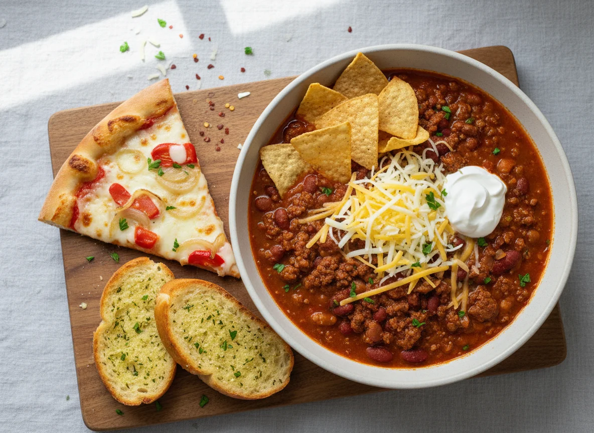 Chili with toppings and pizza slice photo