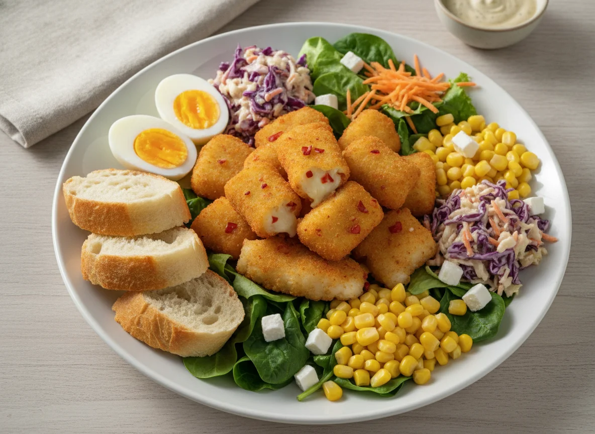 Chilli cheese nuggets and kibbeling salad plate photo