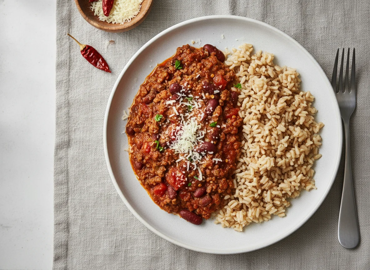 Chilli con carne with brown rice and parmesan photo