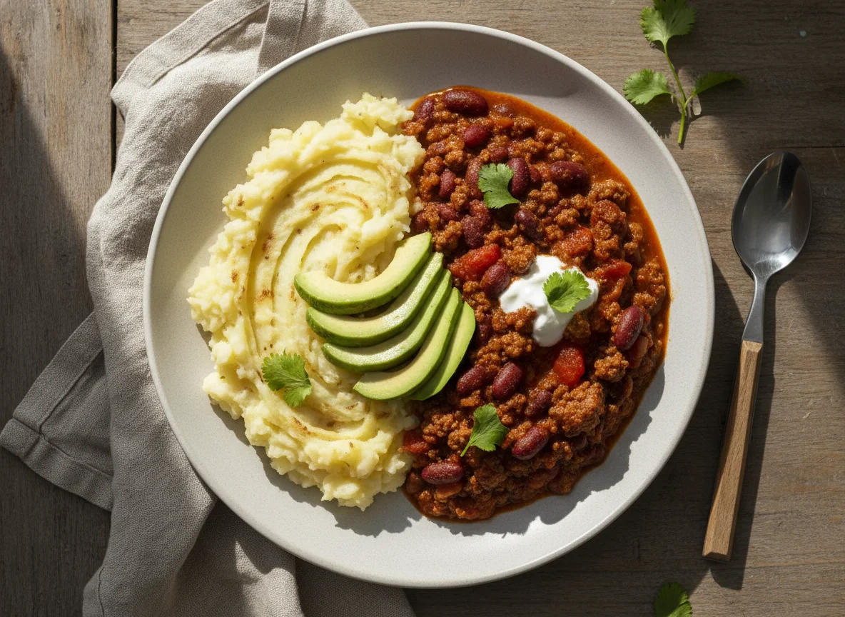 Chilli con Carne with Mashed Potato and Avocado photo