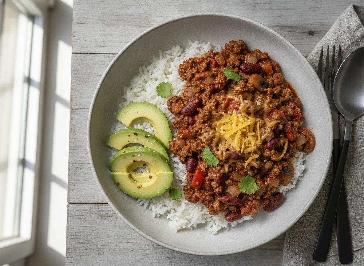 Chilli con carne with rice and avocado photo