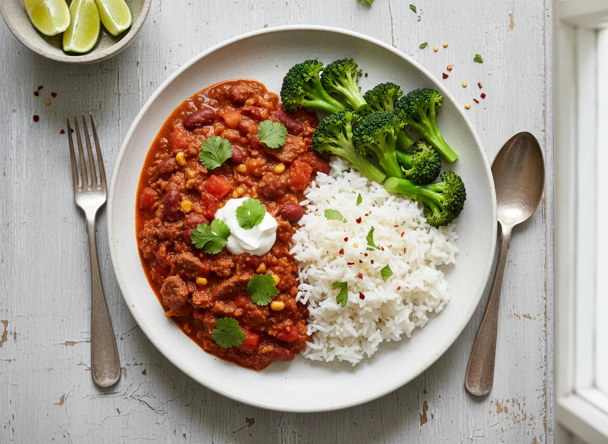 Chilli con Carne with Rice and Broccoli photo