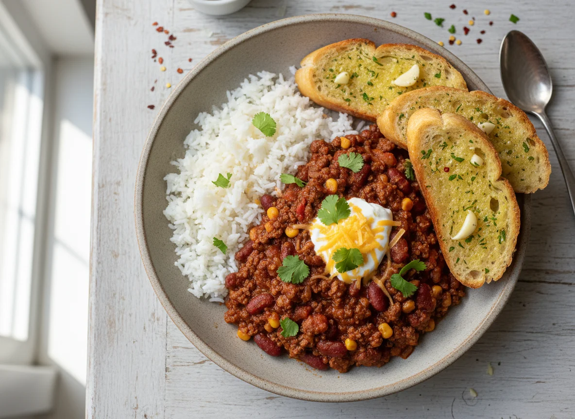 Chilli Con Carne with Rice and Garlic Bread photo