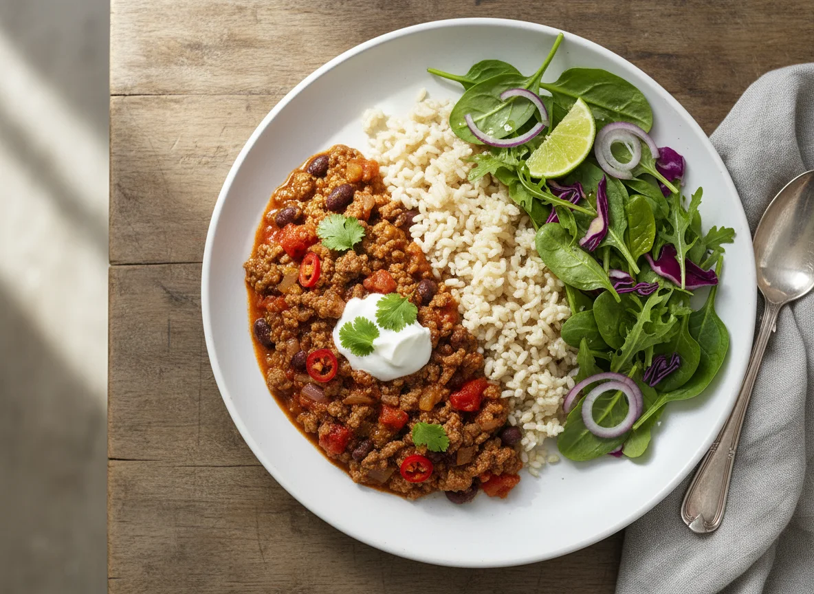 Chilli con Carne with Rice and Salad photo