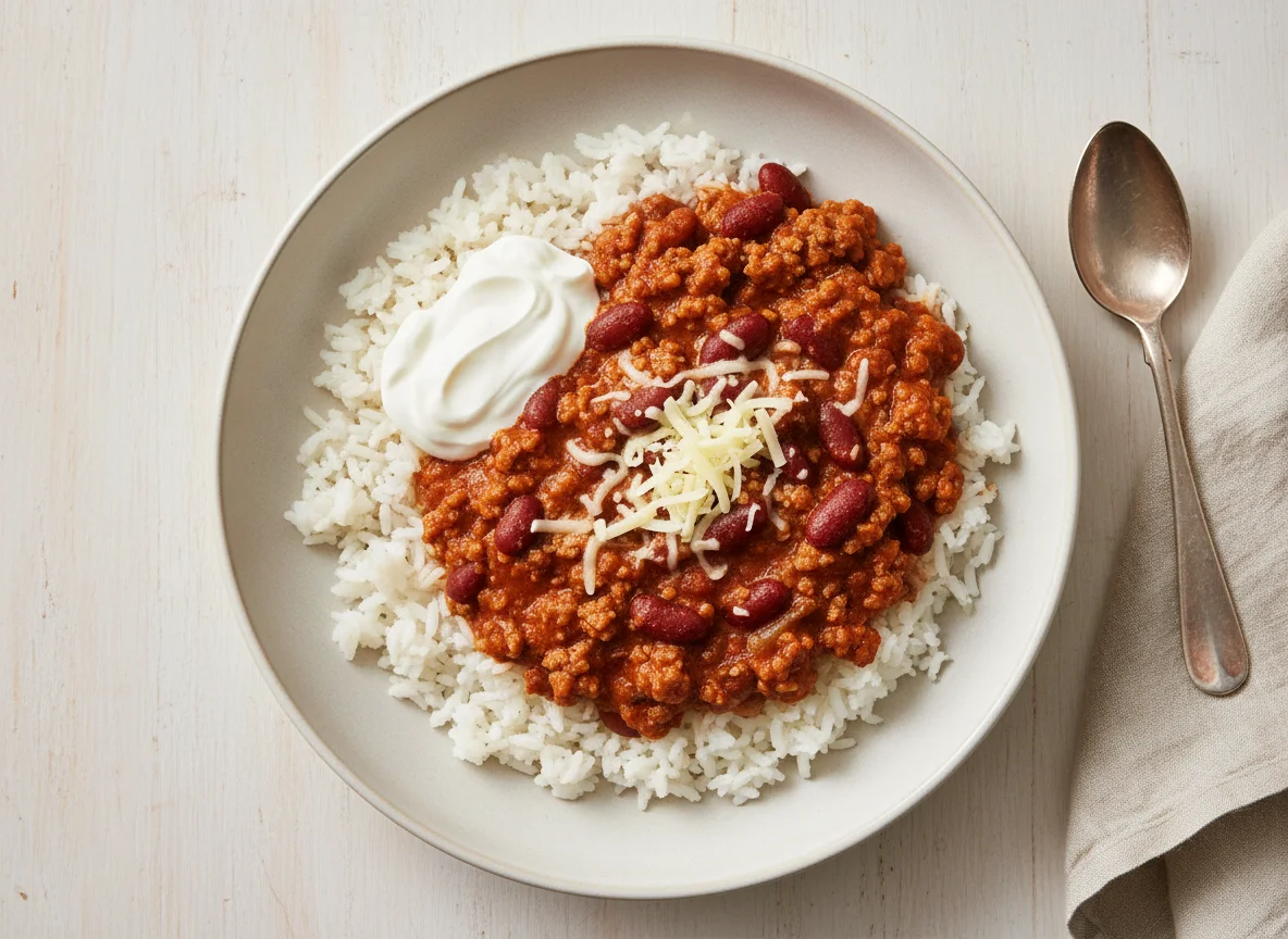 Chilli Con Carne with Rice, Cheese and Crème Fraiche photo