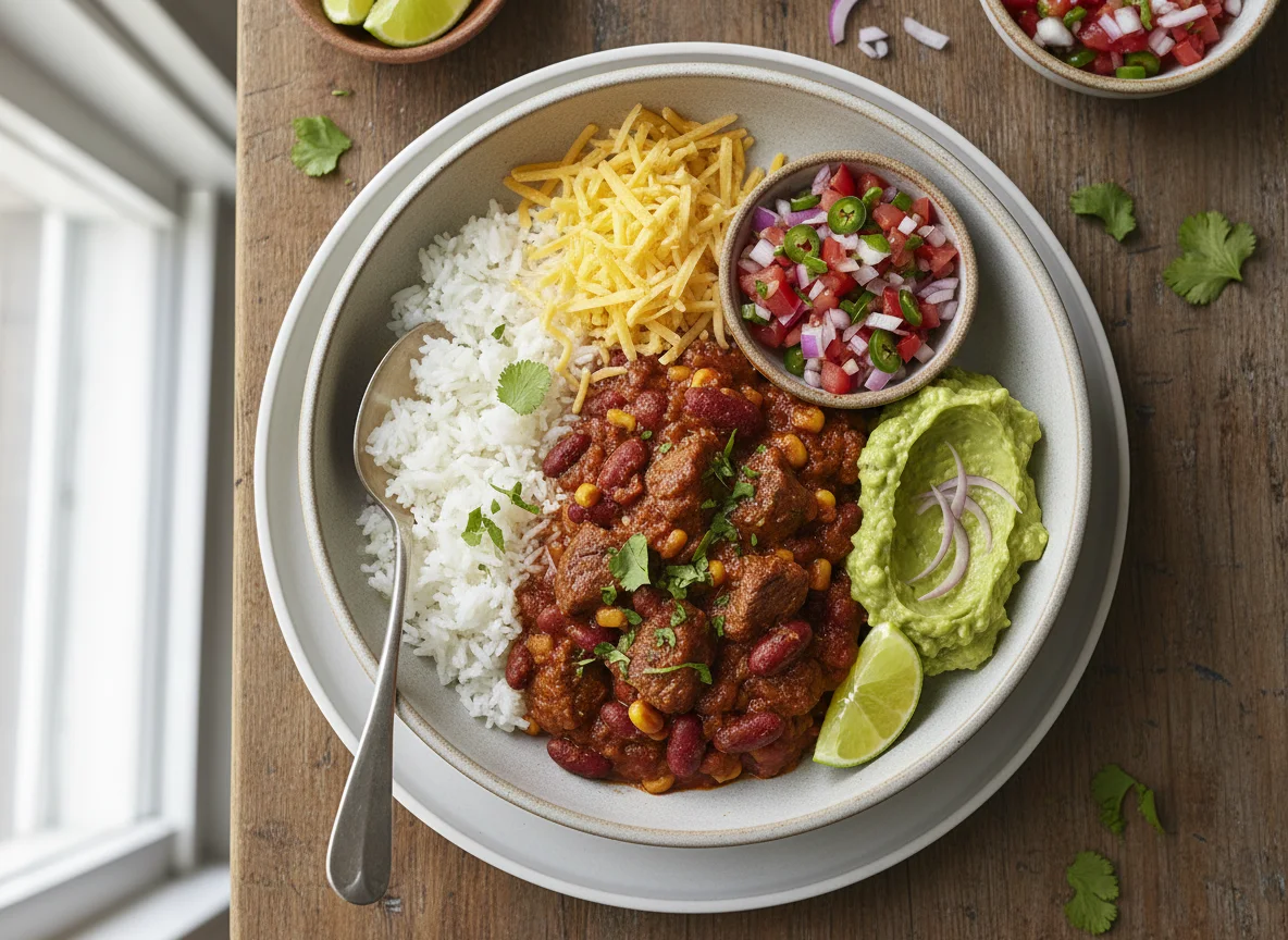 Chilli con Carne with Rice, Guacamole, Salsa, and Cheese photo