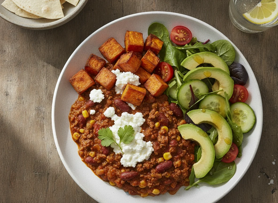 Chilli con carne with sweet potato and side salad photo