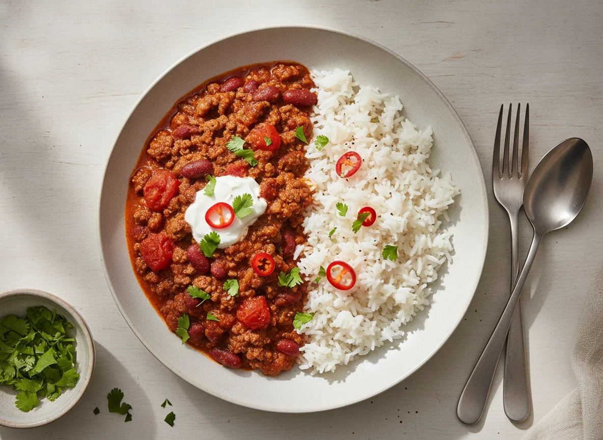 Chilli con carne with white rice photo
