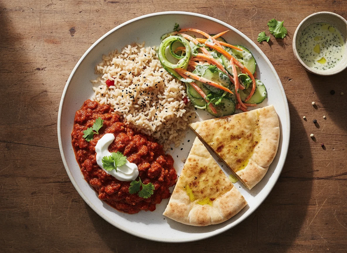 Chilli with Brown Rice, Flatbread and Side Salad photo