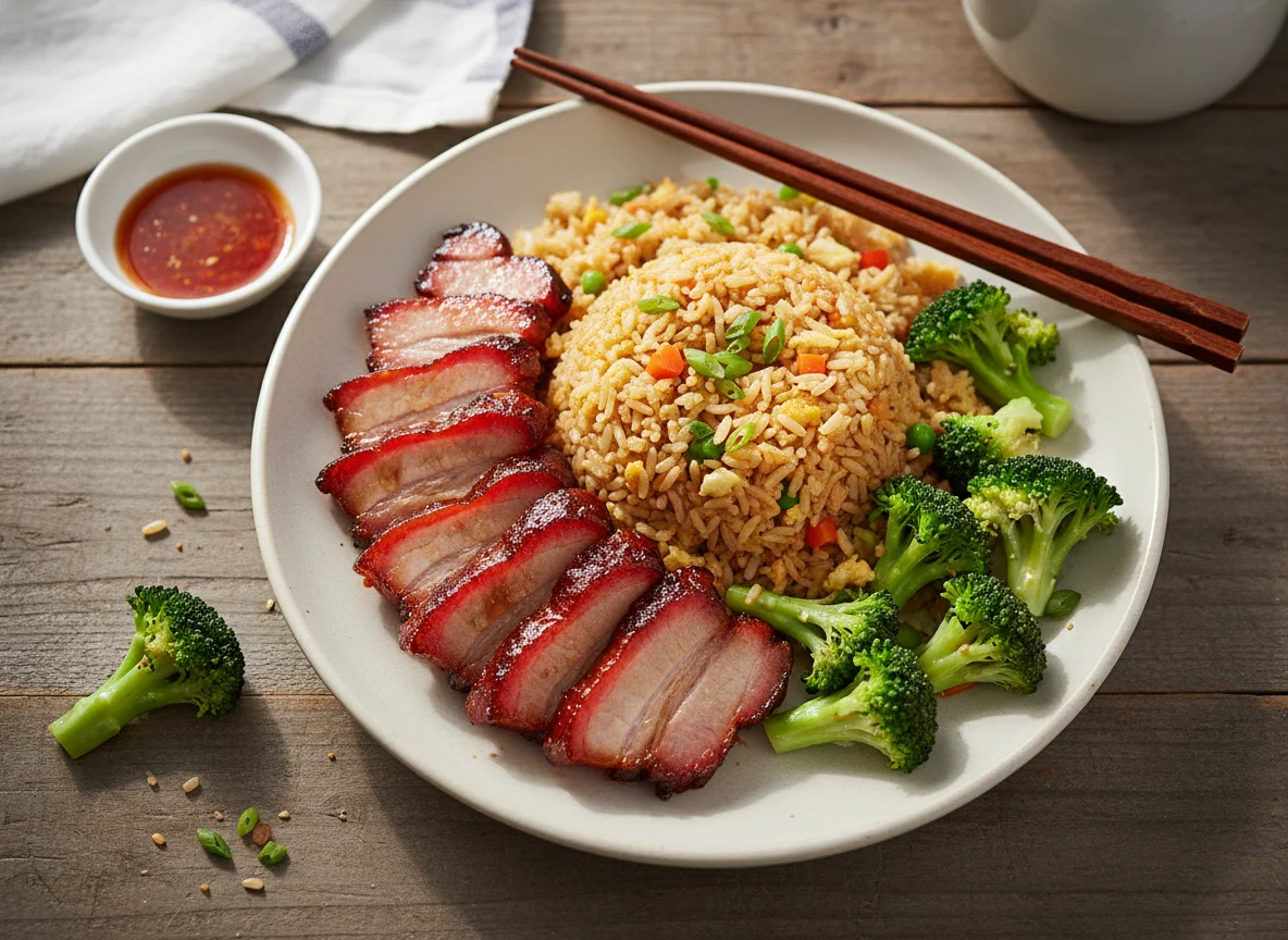 Chinese BBQ Pork with Fried Rice and Broccoli photo