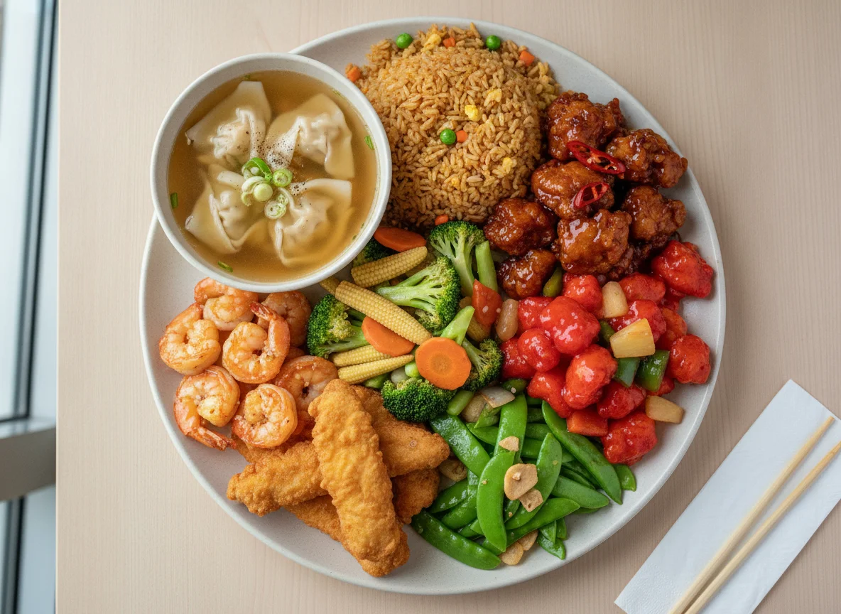 Chinese Buffet Selection with Wonton Soup photo