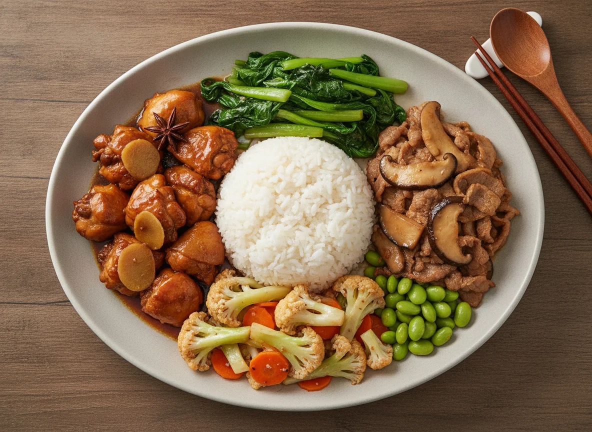Chinese Canteen Style Meal with Rice and Mixed Dishes photo