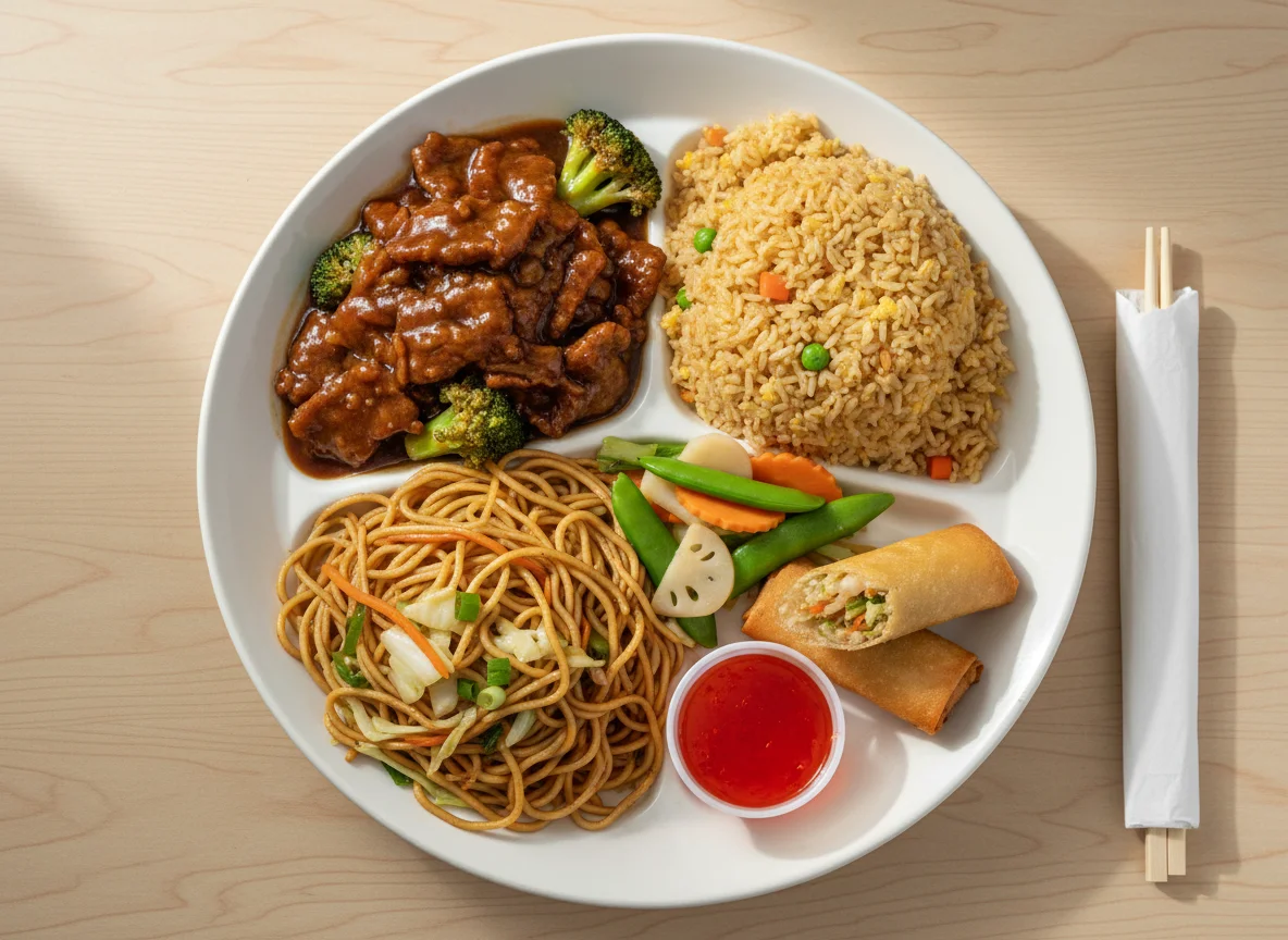 Chinese Combo Plate with Beef, Noodles, Rice, and Spring Roll photo